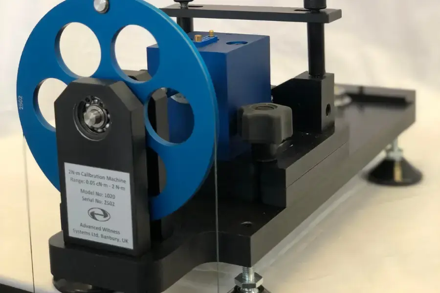 Torque calibration set up on a white background for torque transducer calibration