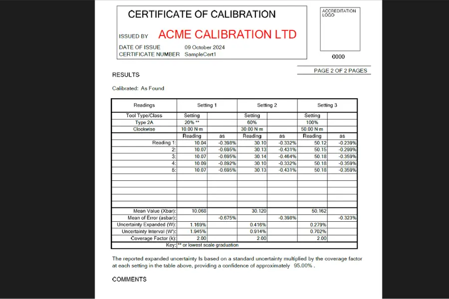 Example calibration certificate created in Kepler 4