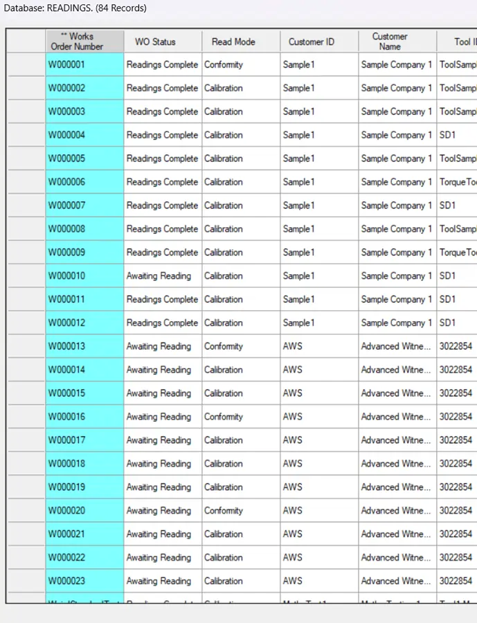 Fields in a torque calibration software database