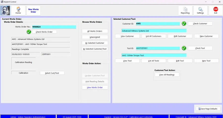 Homescreen of a torque calibration software program