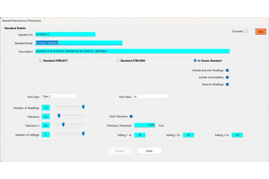 Screenshot of in-house standard page on Kepler 4 torque calibration software