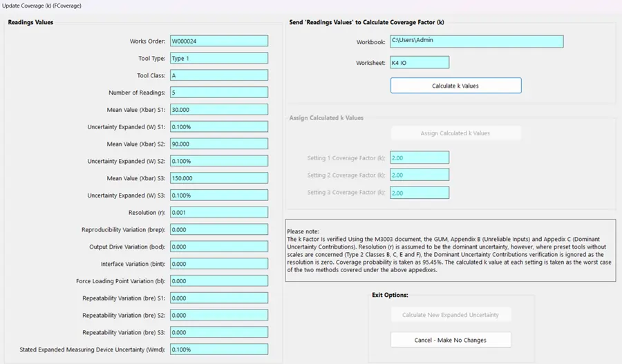 Software module for calculating the k Factor of a calibration