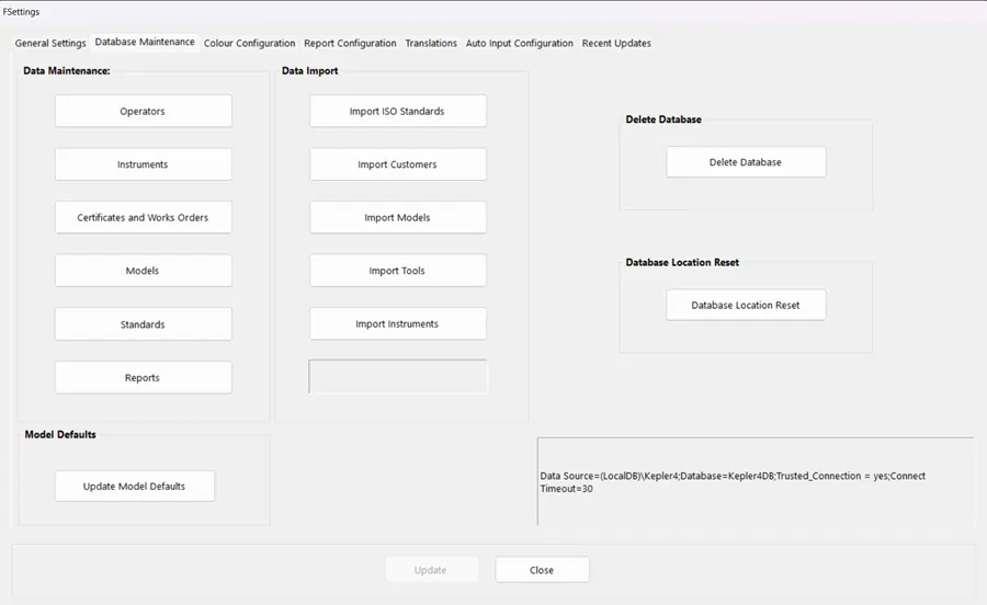 Database maintenance page in a calibration software