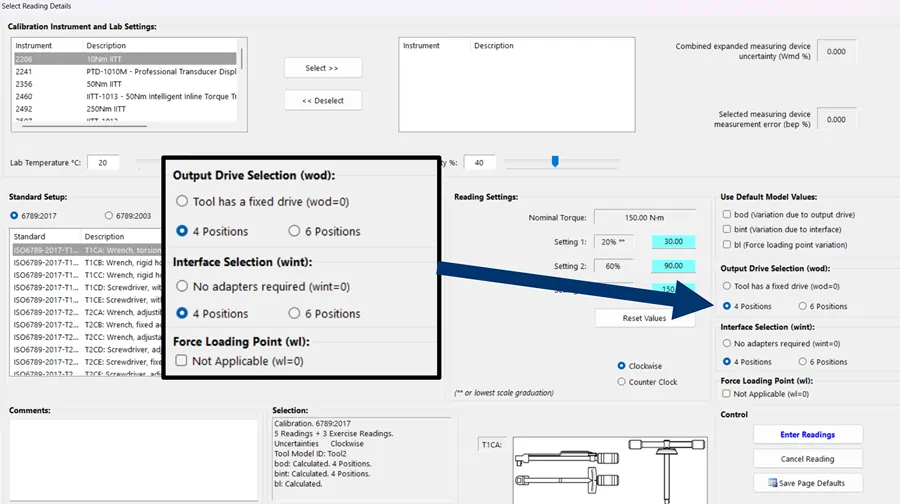 Zoom in of a torque calibration software settings page