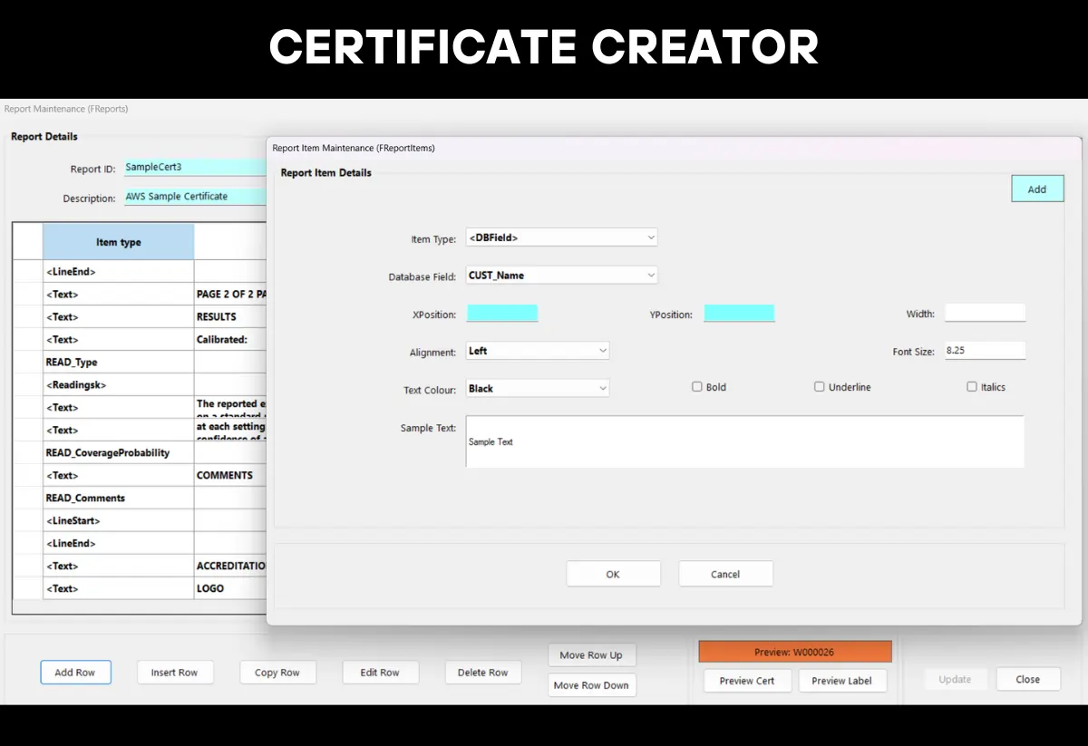 A calibration certificate generator within a torque calibration software