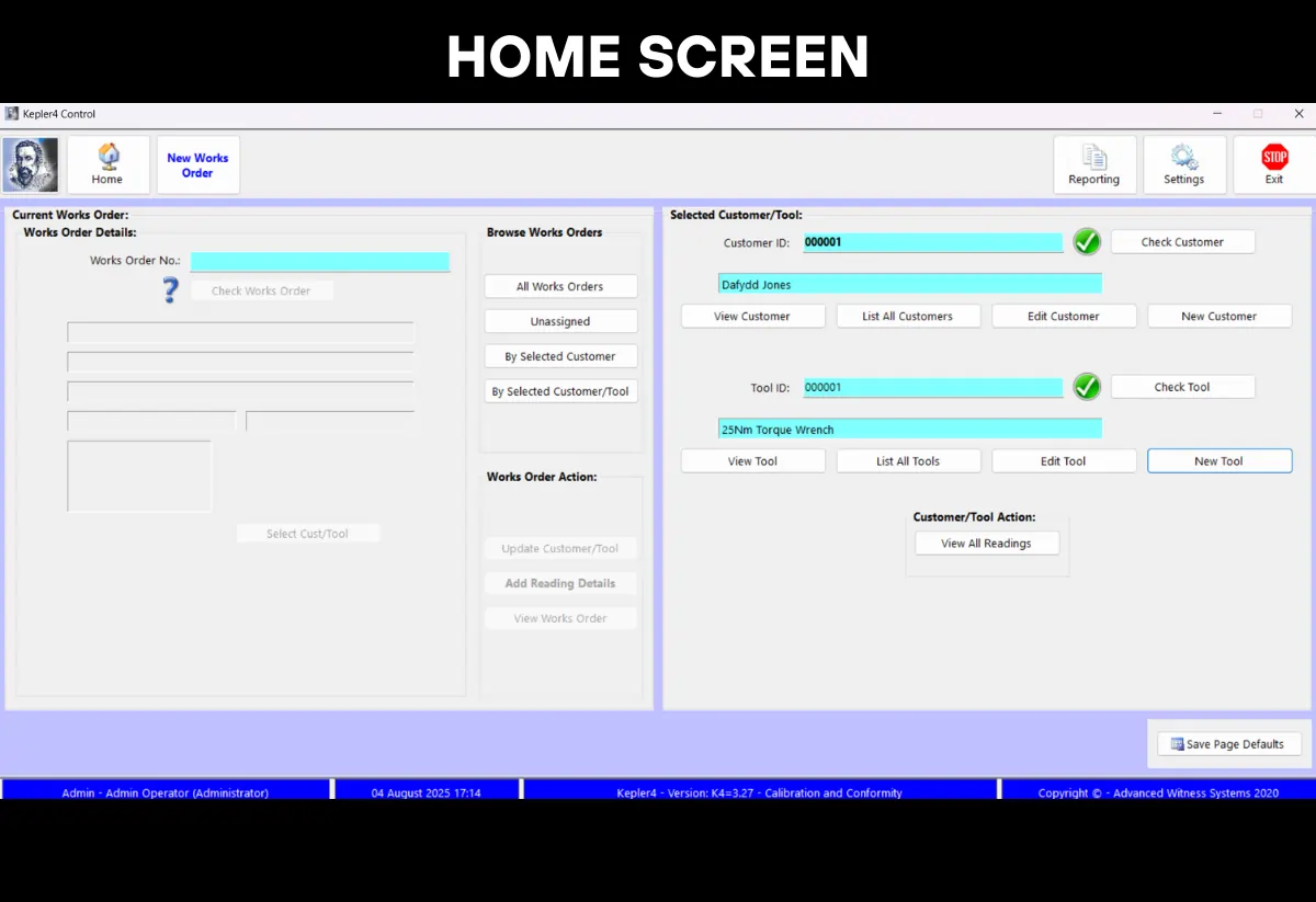 The home page of a torque calibration software program