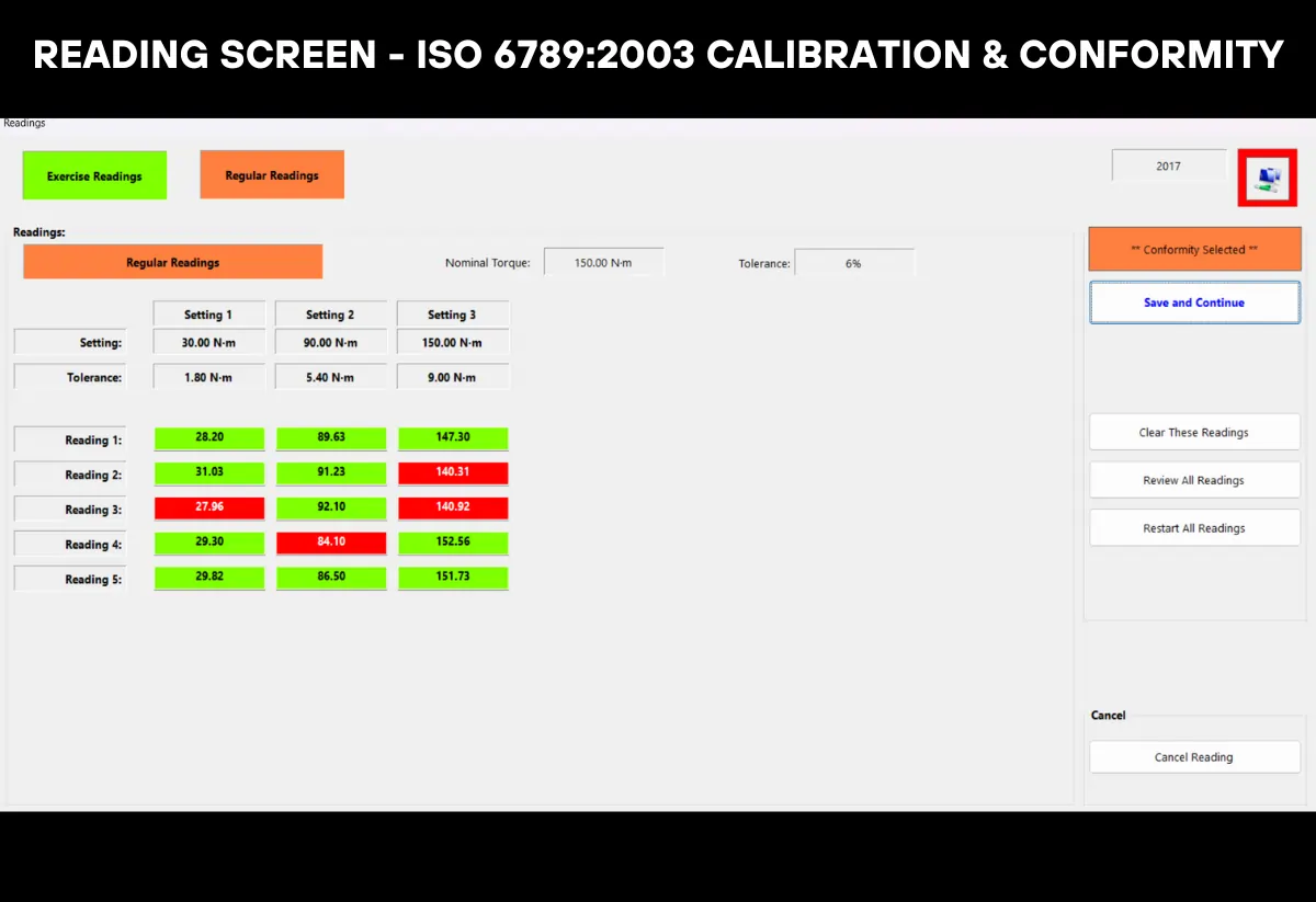 A colour coded torque calibration software screen