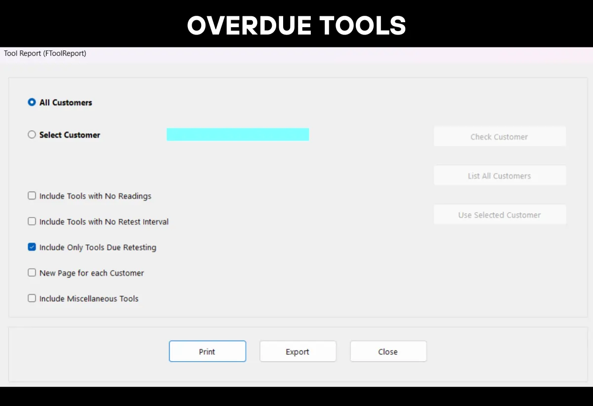 Torque calibration software producing a report of tools due for recalibration