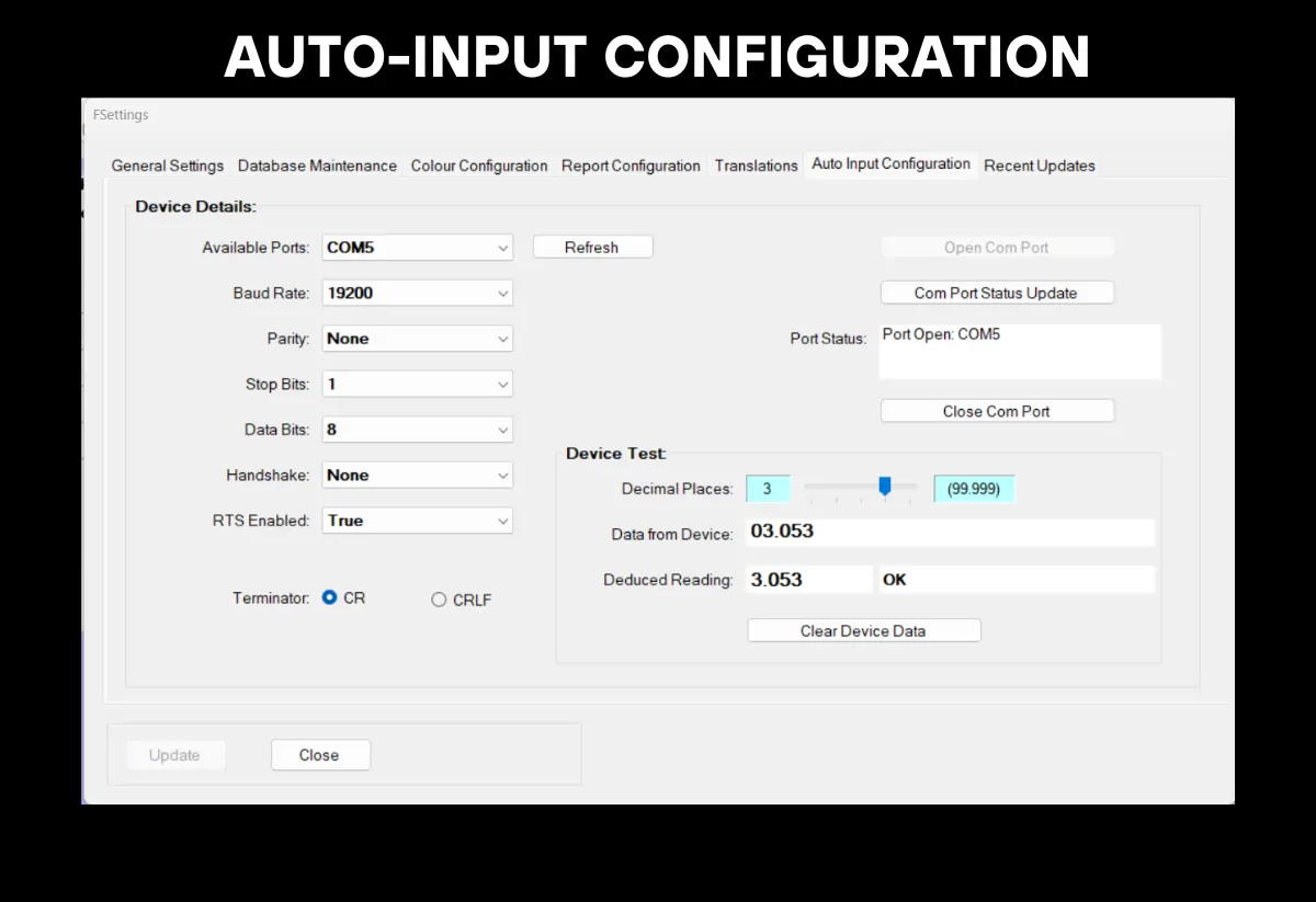 RS232 settings page within a torque calibration software program