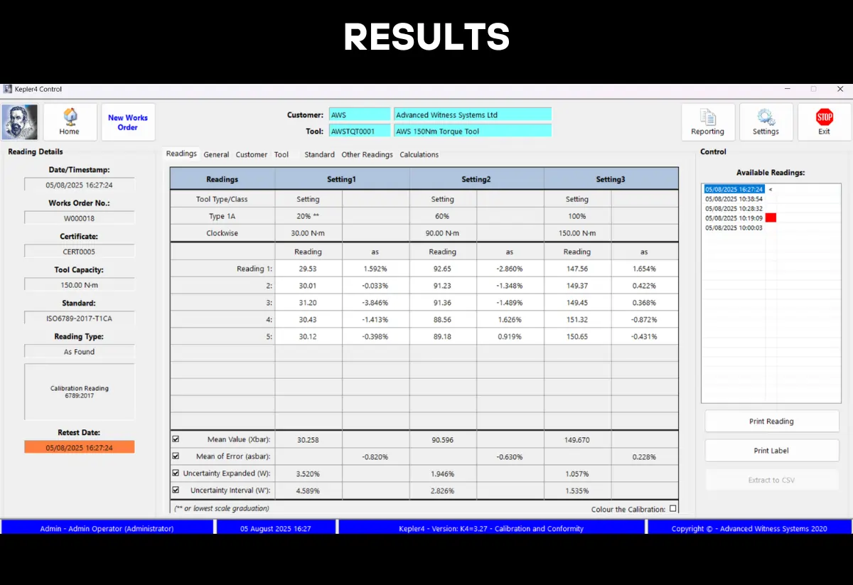 Torque tool calibration results
