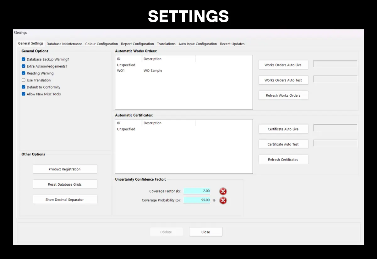 Settings page for a torque calibration software program