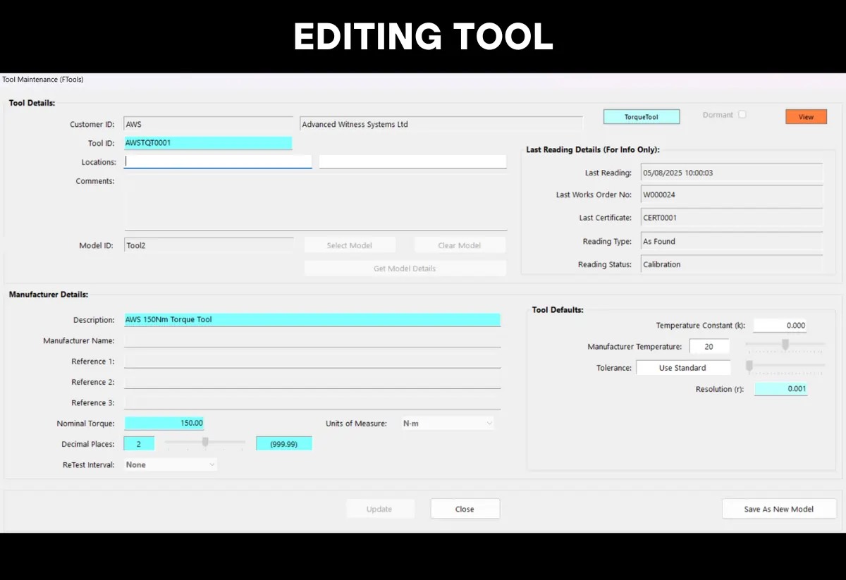 Editing a tool in a torque calibration software program