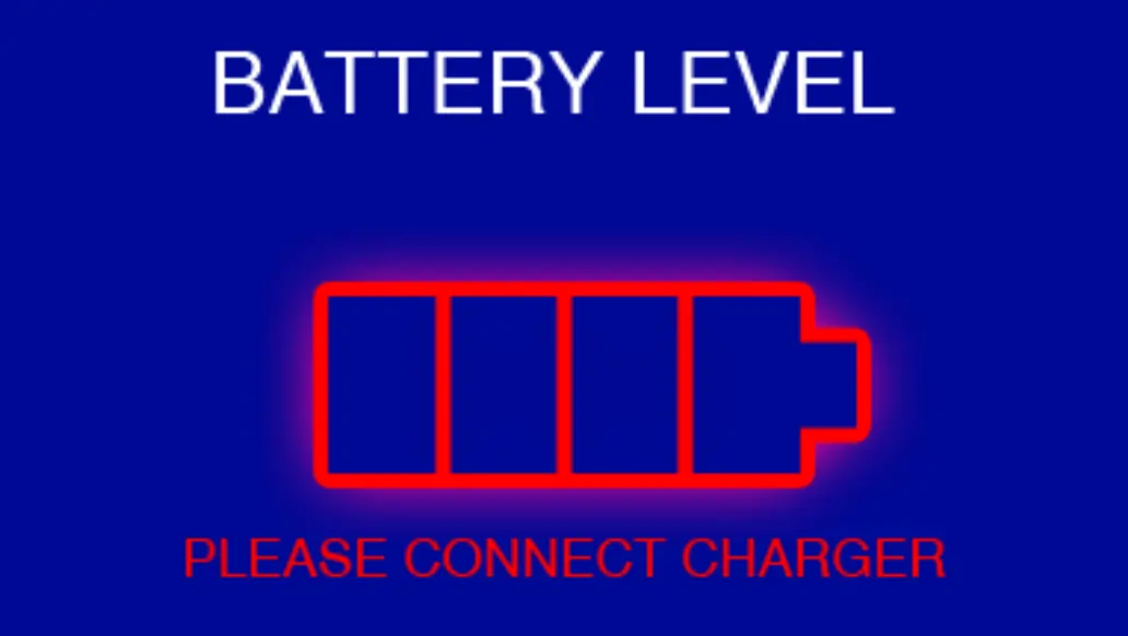 Low battery symbol on the startup of a display on a blue background