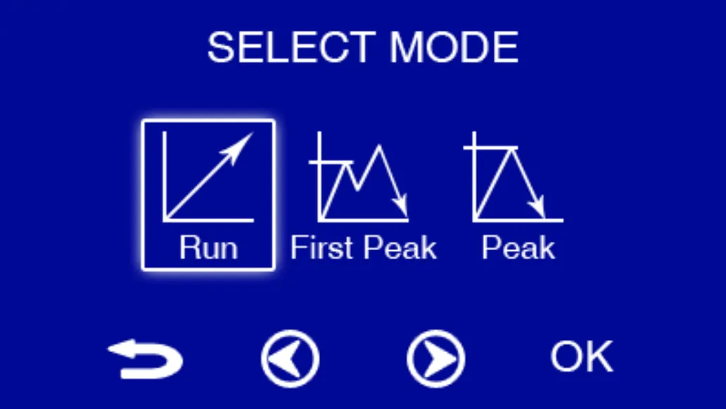 Blue background with 3 symbols on signifying run, peak and first peak mode