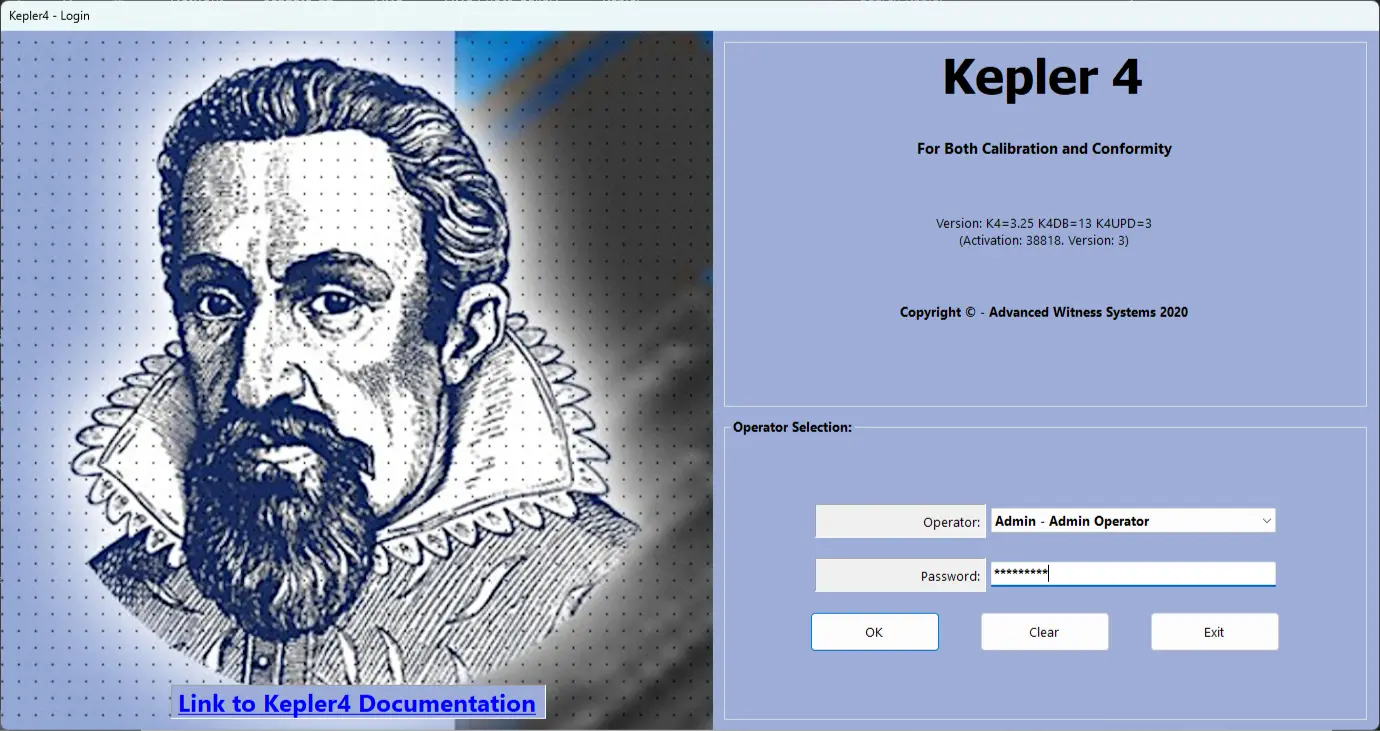 Login screen for Kepler 4 torque management calibration software