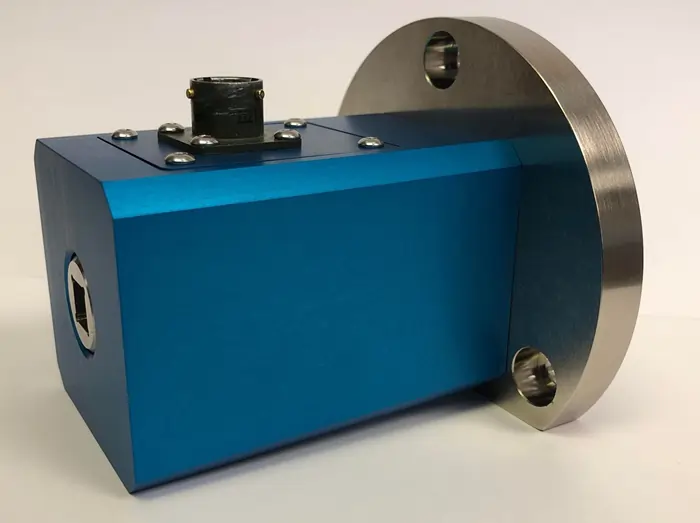 Blue inline torque transducer connected to a metal mounting bracket