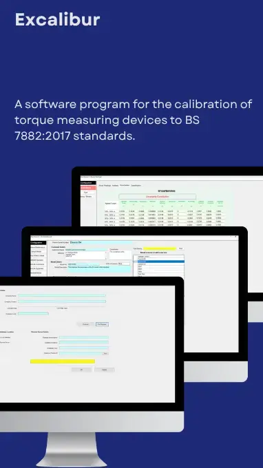 3 computer screens running a torque calibration software in front of a dark blue background