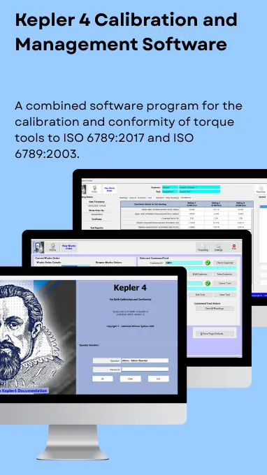 3 computer screens running a torque calibration software in front of a light blue background