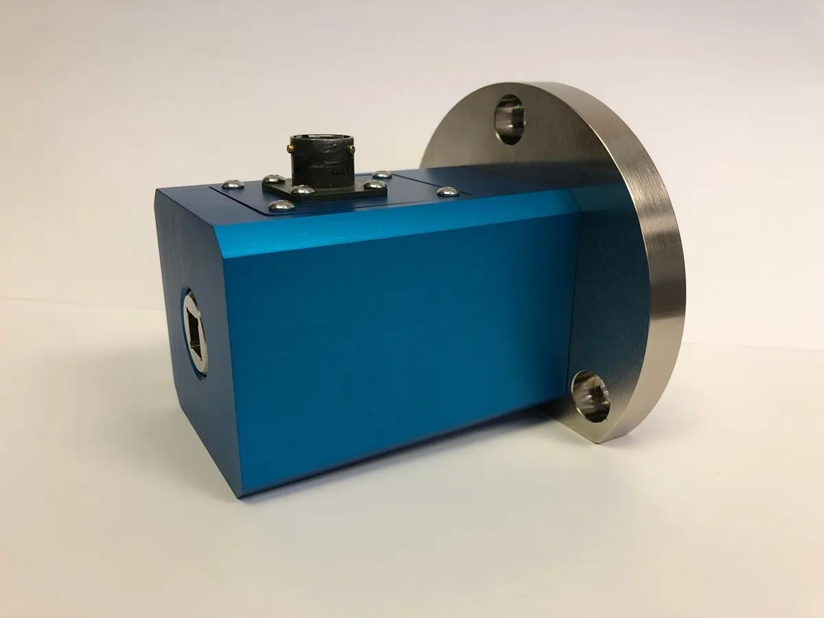 Blue AWS Inline Transducer with mounting bracket attached