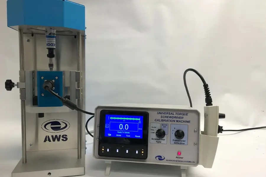 Universal Torque Screwdriver Calibration Machine with it's associated control box and handheld