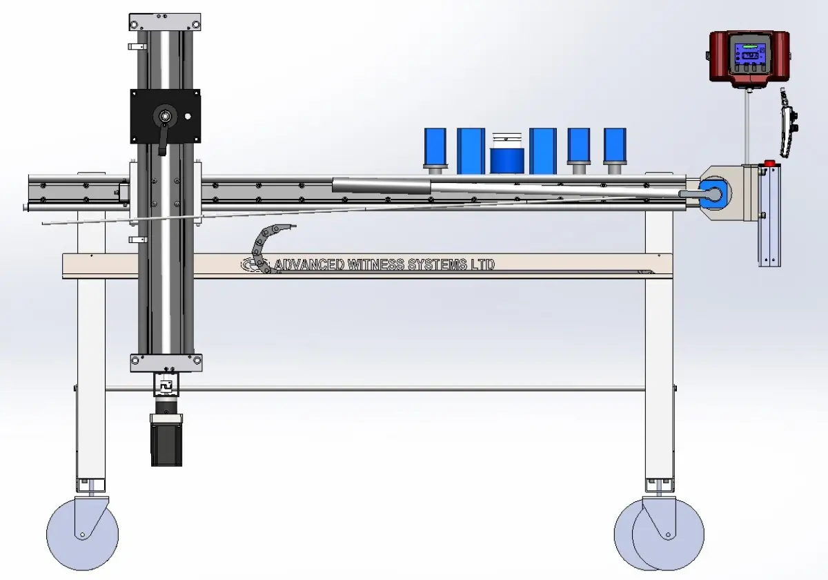 CAD drawing of a torque wrench calibrator with castor wheels